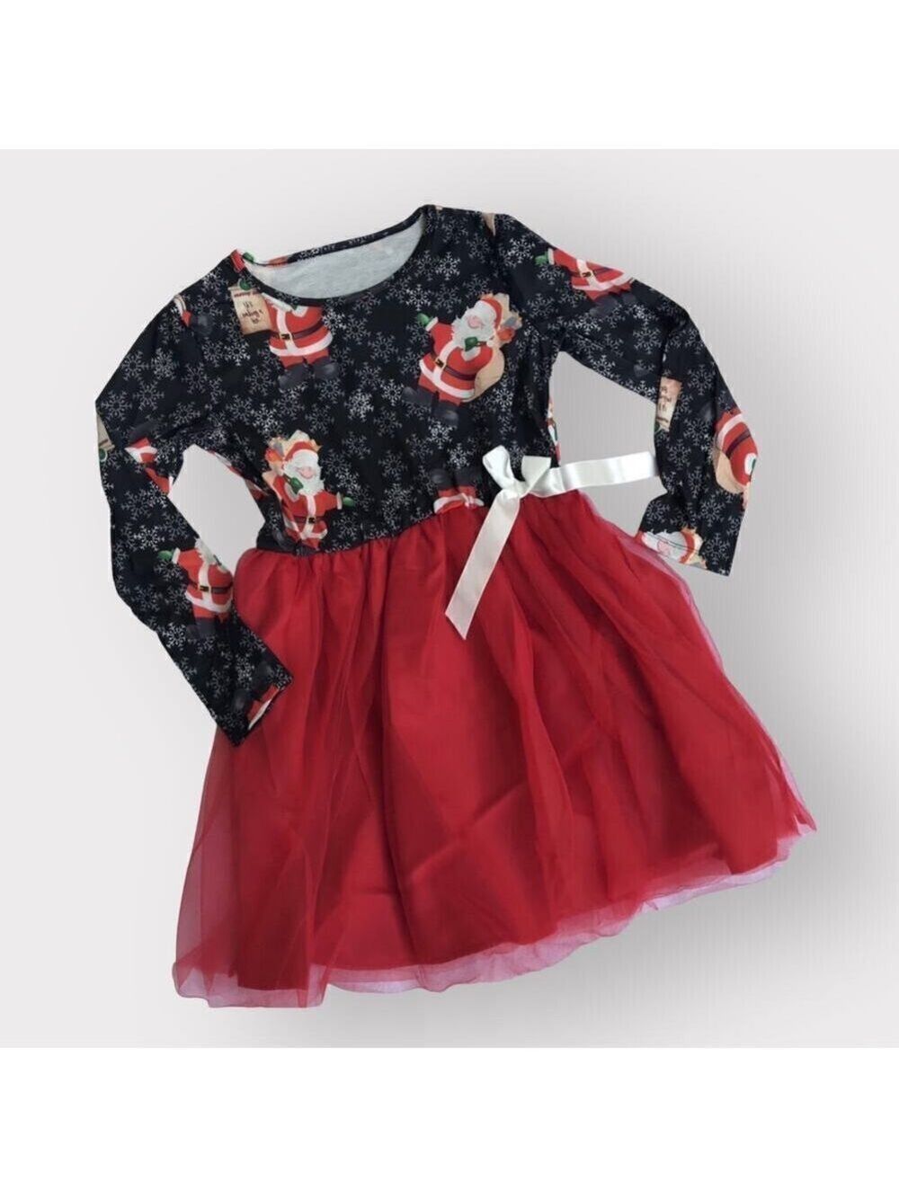 Santa Claus Christmas Dress NEW sz 8 10 Tulle Long Sleeve Snowflakes Black Red - Picture 3 of 8